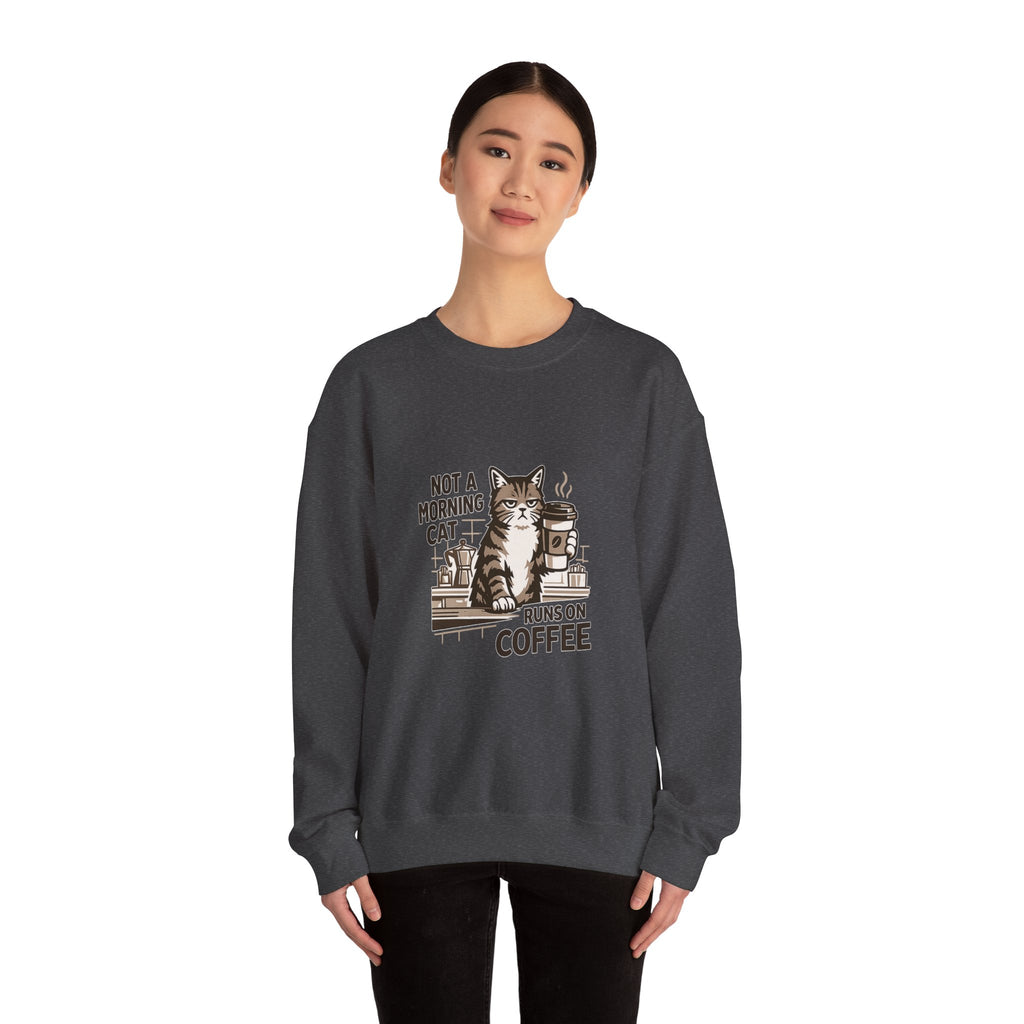 Cat & Coffee Sweatshirt — “Not a Morning Cat, Runs on Coffee” Crewneck