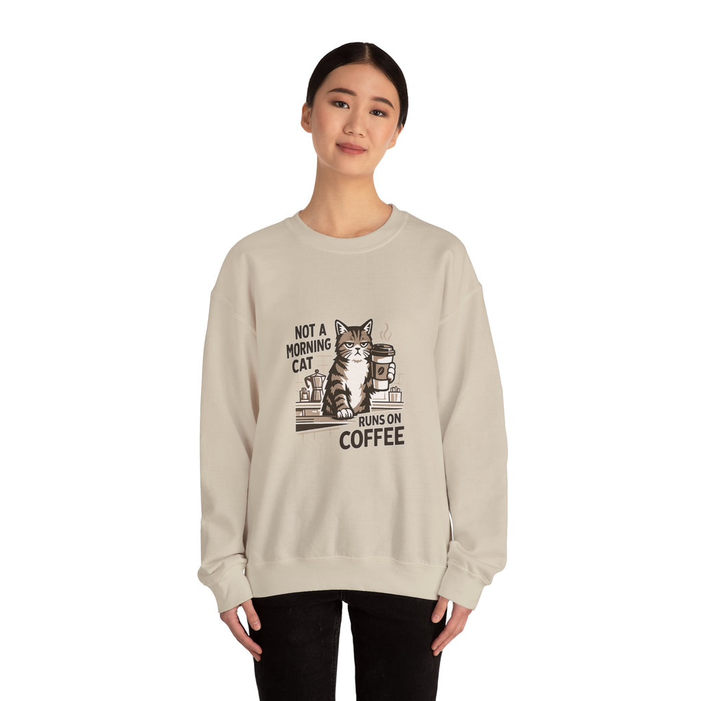 Cat & Coffee Sweatshirt — “Not a Morning Cat, Runs on Coffee” Crewneck