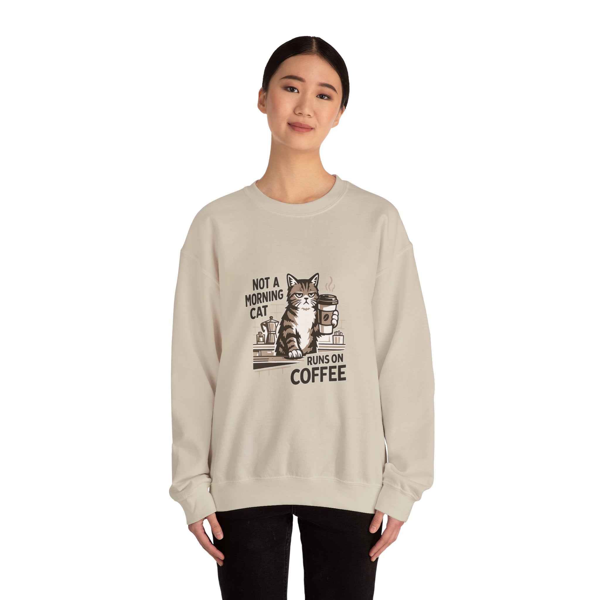 Cat & Coffee Sweatshirt — “Not a Morning Cat, Runs on Coffee” Crewneck
