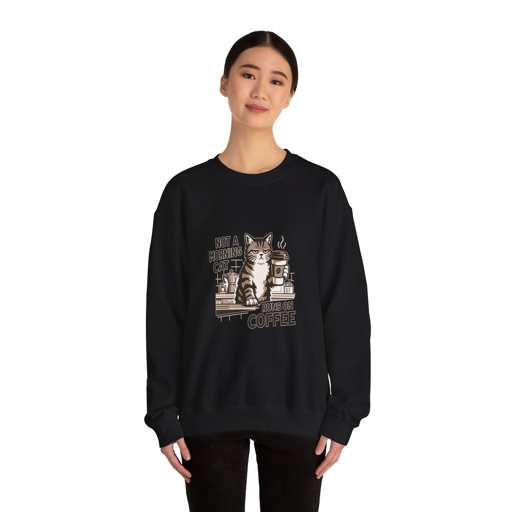 Cat & Coffee Sweatshirt — “Not a Morning Cat, Runs on Coffee” Crewneck