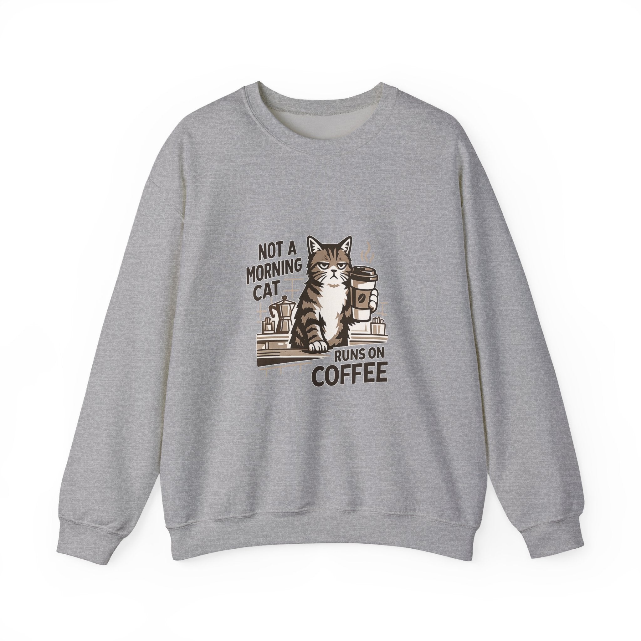 Cat & Coffee Sweatshirt — “Not a Morning Cat, Runs on Coffee” Crewneck