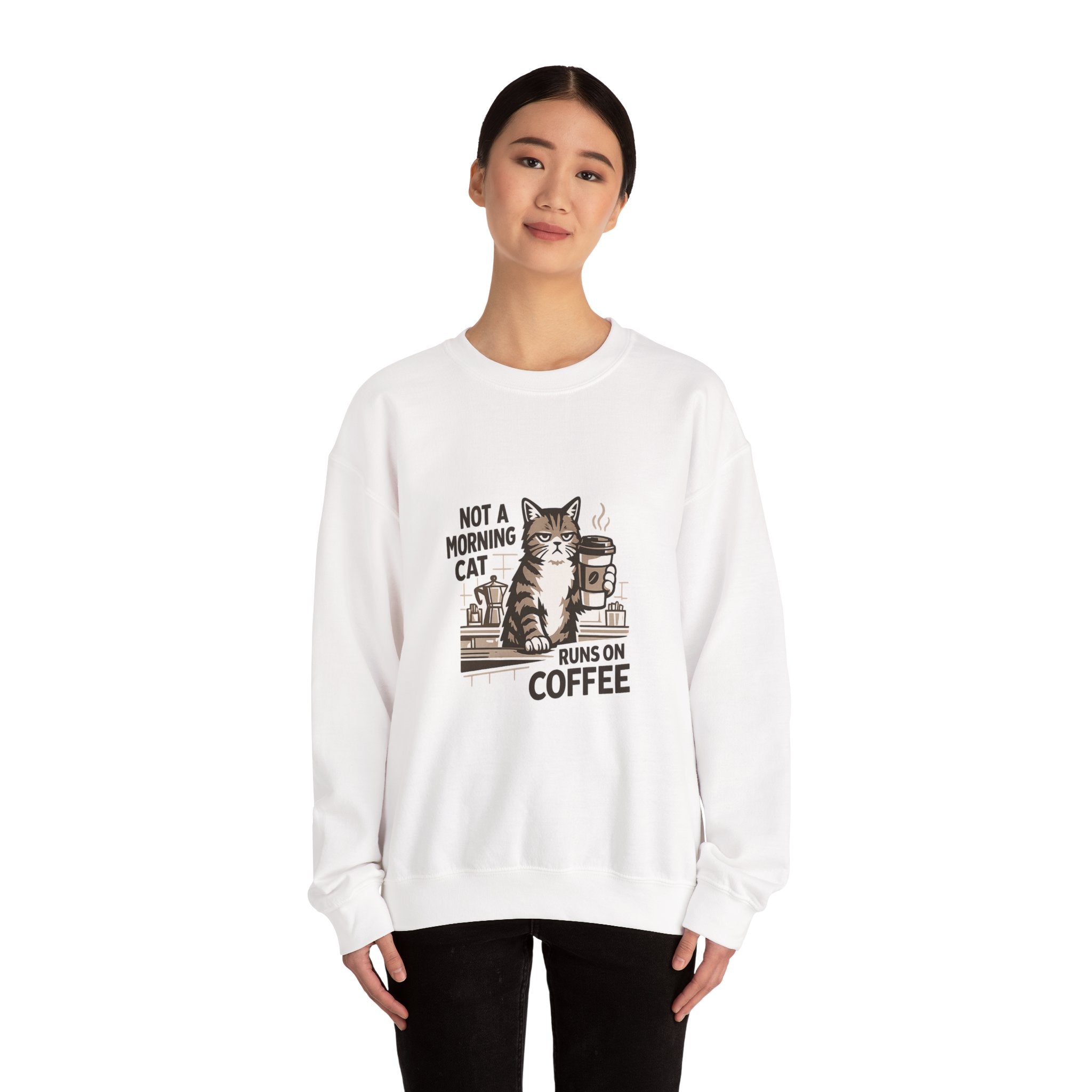 Cat & Coffee Sweatshirt — “Not a Morning Cat, Runs on Coffee” Crewneck