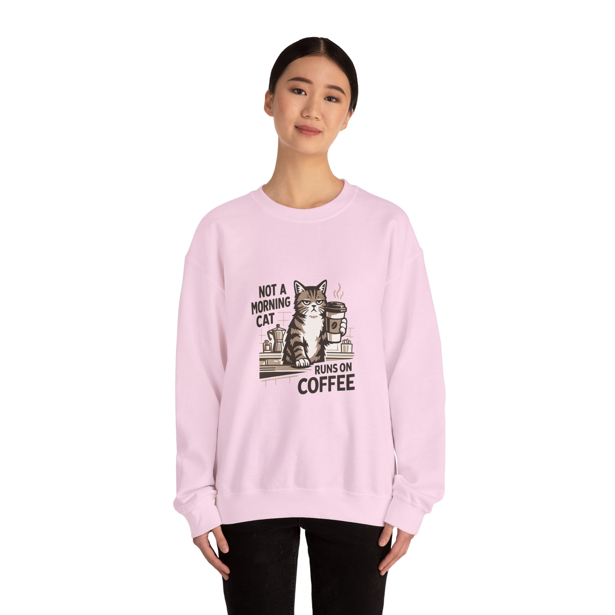 Cat & Coffee Sweatshirt — “Not a Morning Cat, Runs on Coffee” Crewneck
