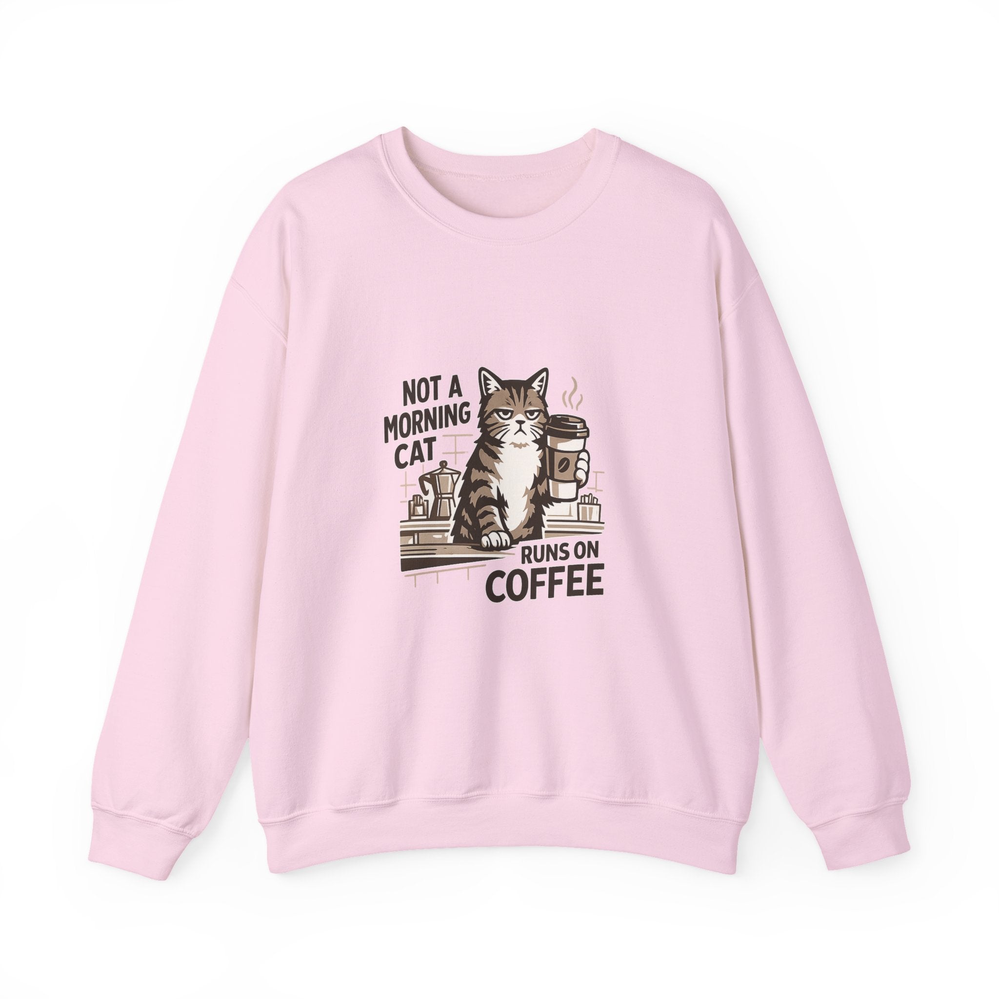 Cat & Coffee Sweatshirt — “Not a Morning Cat, Runs on Coffee” Crewneck