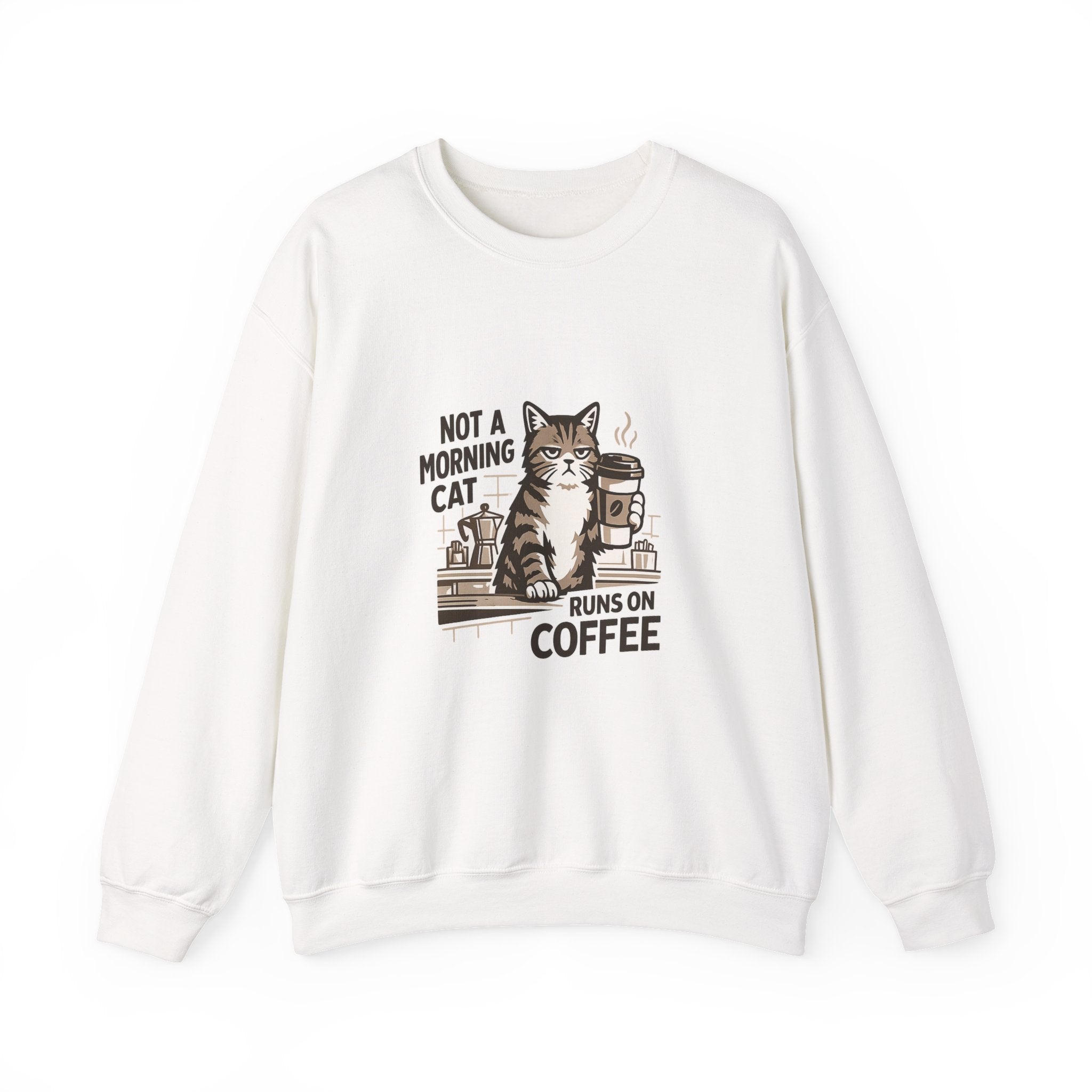 Cat & Coffee Sweatshirt — “Not a Morning Cat, Runs on Coffee” Crewneck