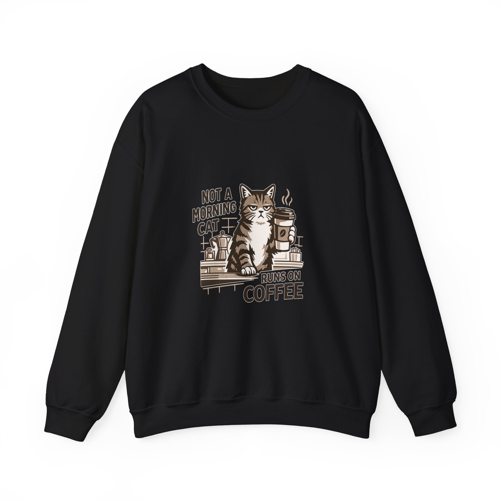 Cat & Coffee Sweatshirt — “Not a Morning Cat, Runs on Coffee” Crewneck