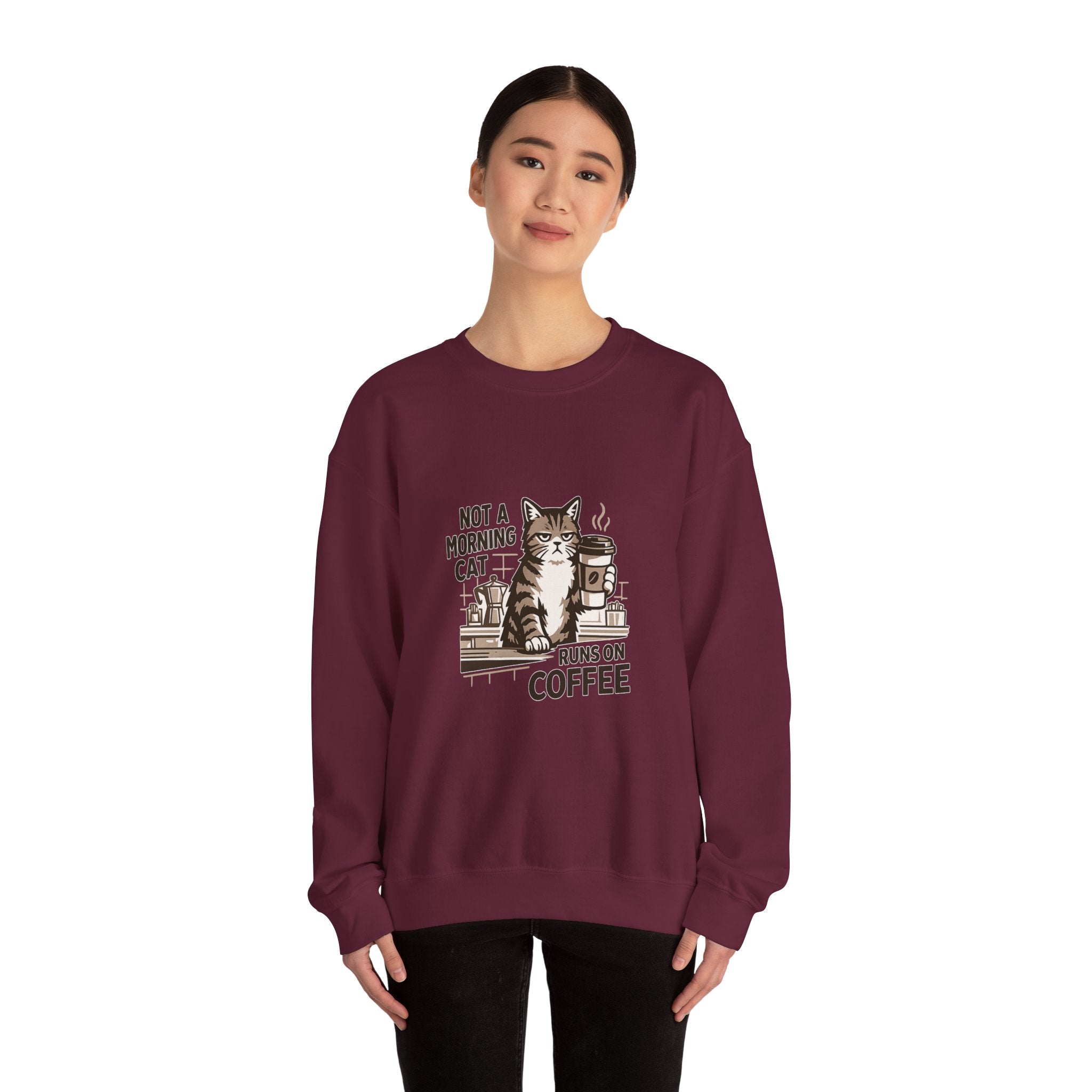 Cat & Coffee Sweatshirt — “Not a Morning Cat, Runs on Coffee” Crewneck