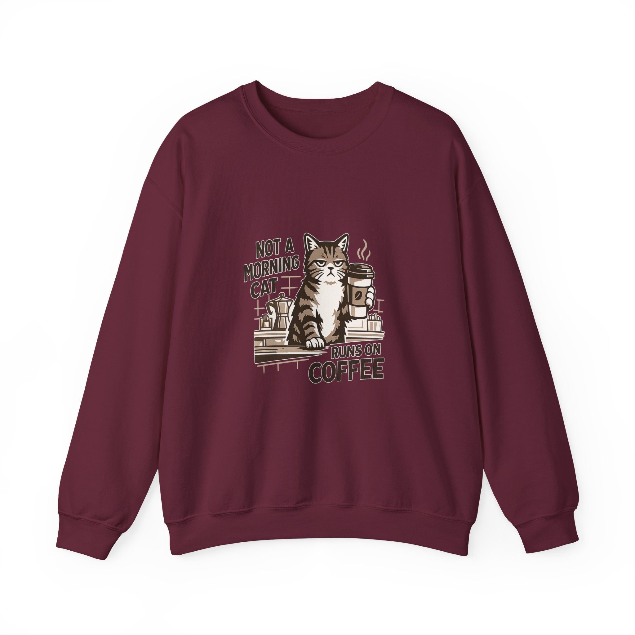Cat & Coffee Sweatshirt — “Not a Morning Cat, Runs on Coffee” Crewneck