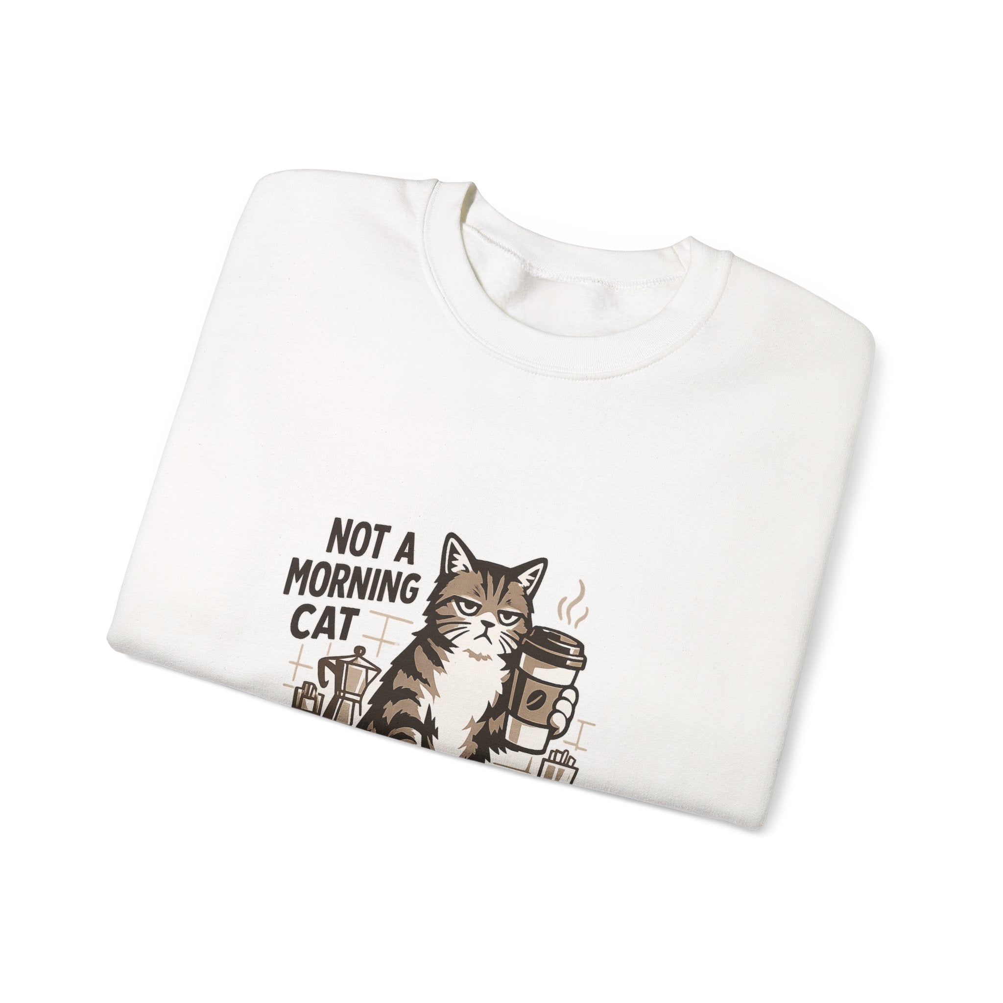 Cat & Coffee Sweatshirt — “Not a Morning Cat, Runs on Coffee” Crewneck