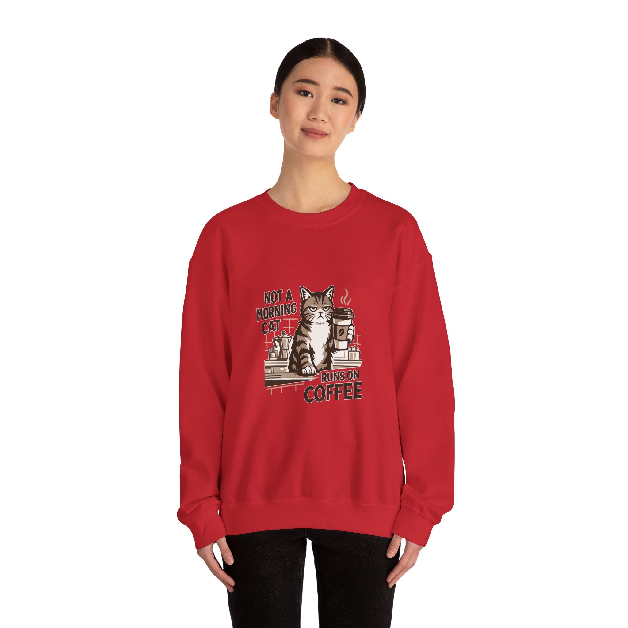 Cat & Coffee Sweatshirt — “Not a Morning Cat, Runs on Coffee” Crewneck