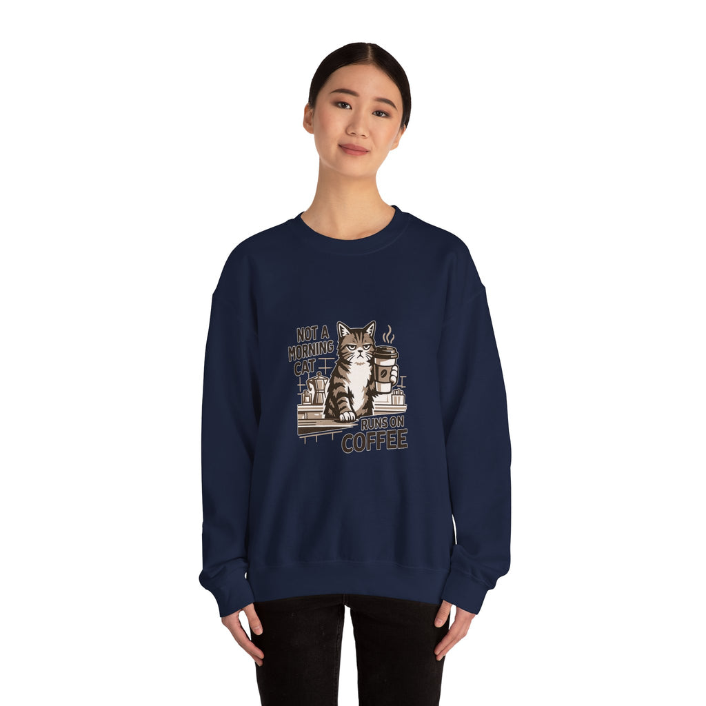 Cat & Coffee Sweatshirt — “Not a Morning Cat, Runs on Coffee” Crewneck