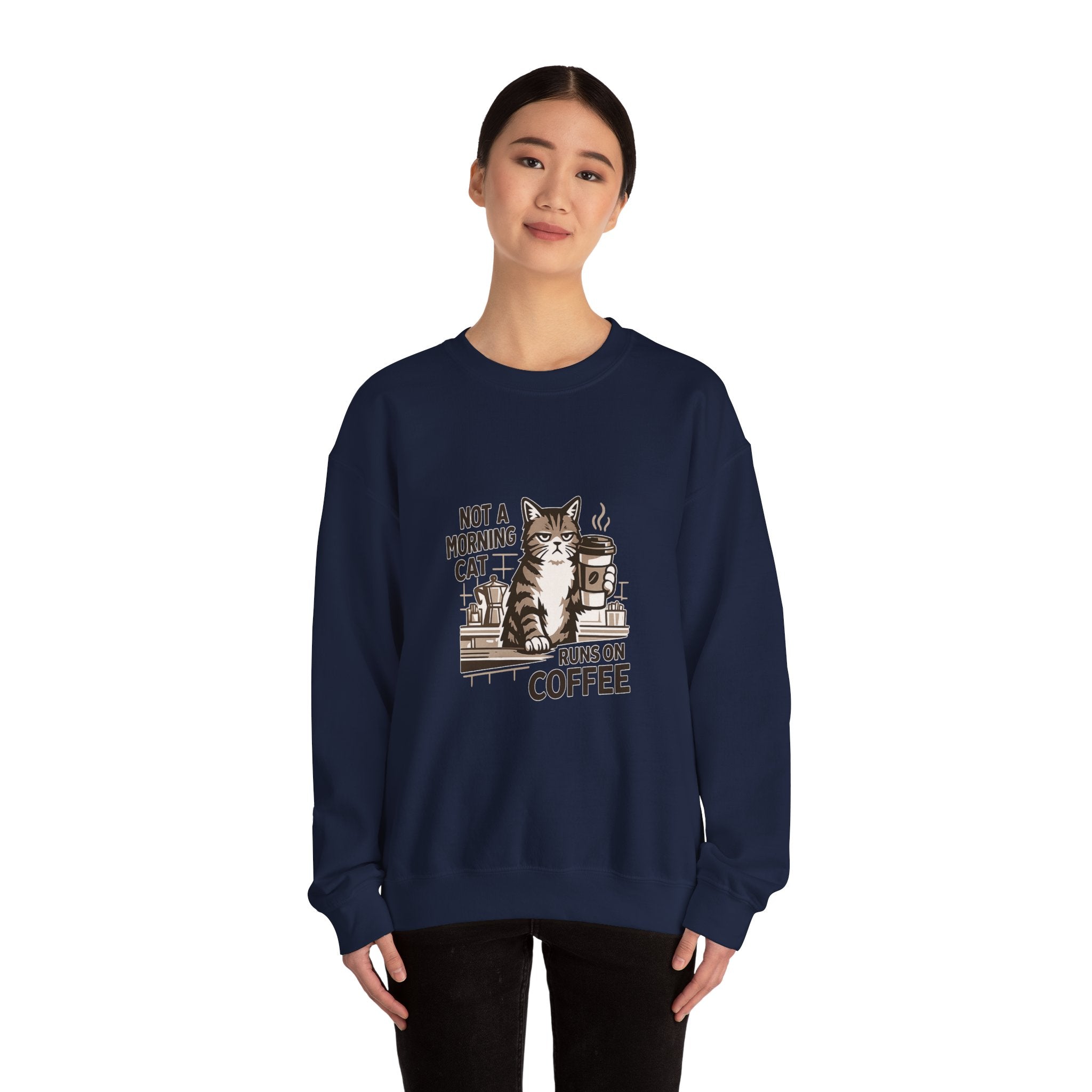 Cat & Coffee Sweatshirt — “Not a Morning Cat, Runs on Coffee” Crewneck