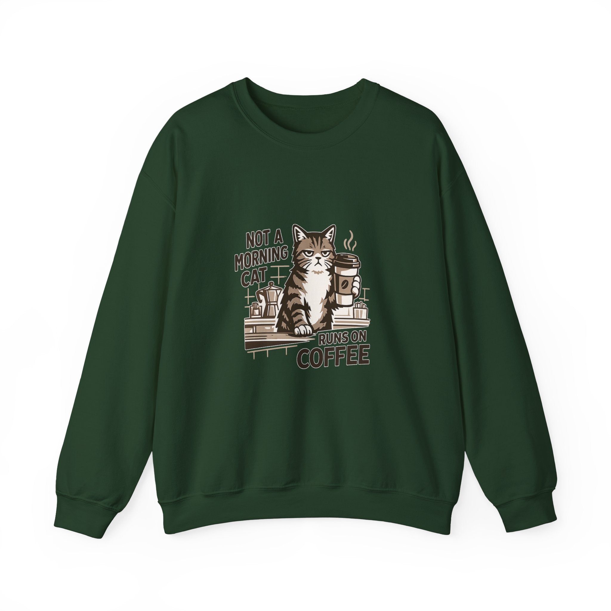 Cat & Coffee Sweatshirt — “Not a Morning Cat, Runs on Coffee” Crewneck